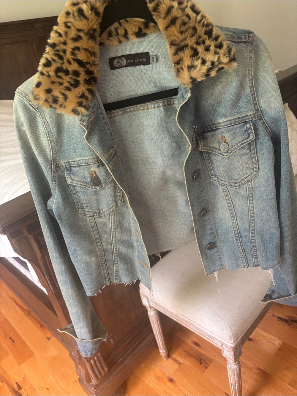 John Eshaya Light Blue Denim Jacket with Leopard Faux Fur Collar